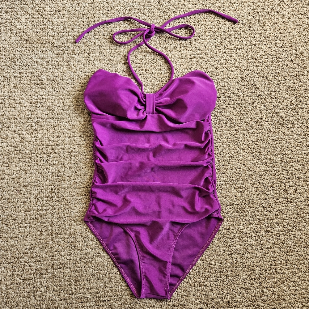 Vibrant Purple Ruched One-Piece Swimsuit With Halter Straps